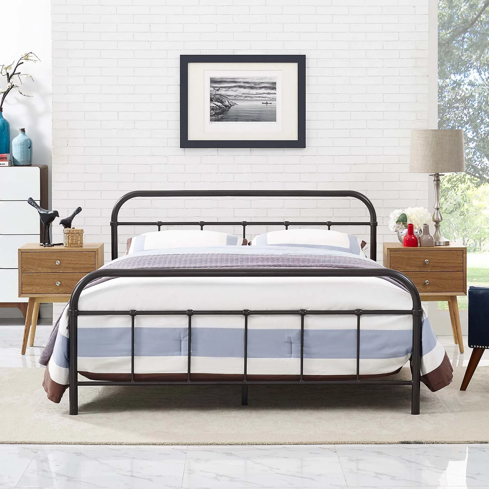 Industrial Country Cottage Farm Beach House Bedroom Queen Size Platform Bed Frame, Metal Steel Stainless Steel, Brown