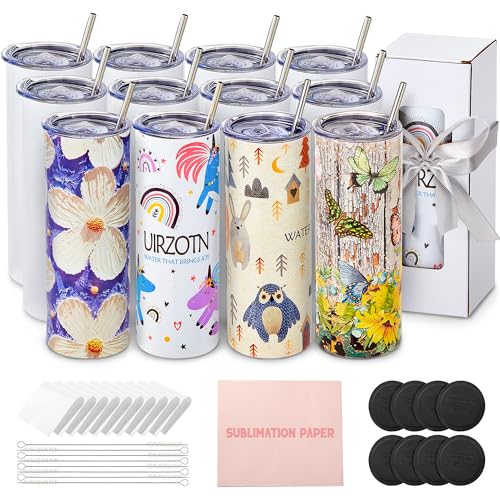 8 Pack 20 OZ Sublimation Tumbler Blanks Skinny Straight in Bulk, Stainless Steel Insulated Sublimation Tumbler with Polymer Coating for Heat Transfer, with Lid, Straw, Ribbon, Keepsake Box