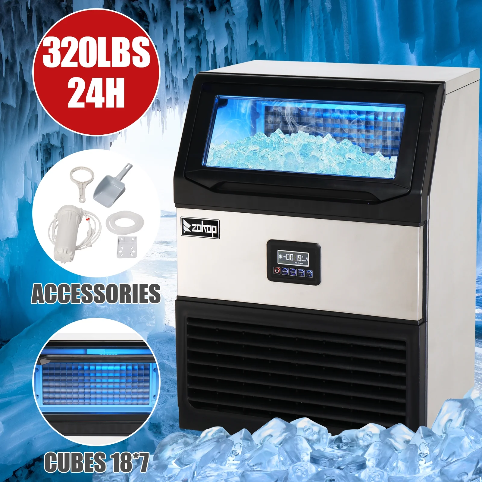 Ubesgoo Commercial Stainless Steel Freestanding Ice Maker Cube Machine, 120lbs/24H for Home/Kitchen/Office/Restaurant/Bar/Coffee Shop