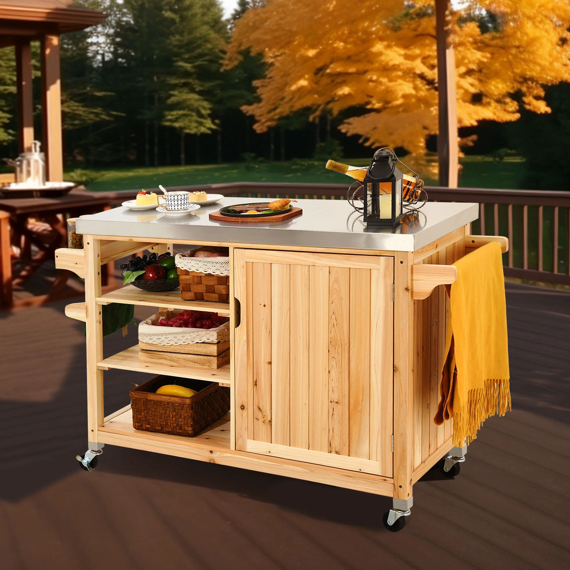 DWVO Outdoor Table and Storage Cabinet Solid Wood Movable Grill Table with Stainless Steel Top for Outside Patio Kitchen Island or Bar Cart - Natural
