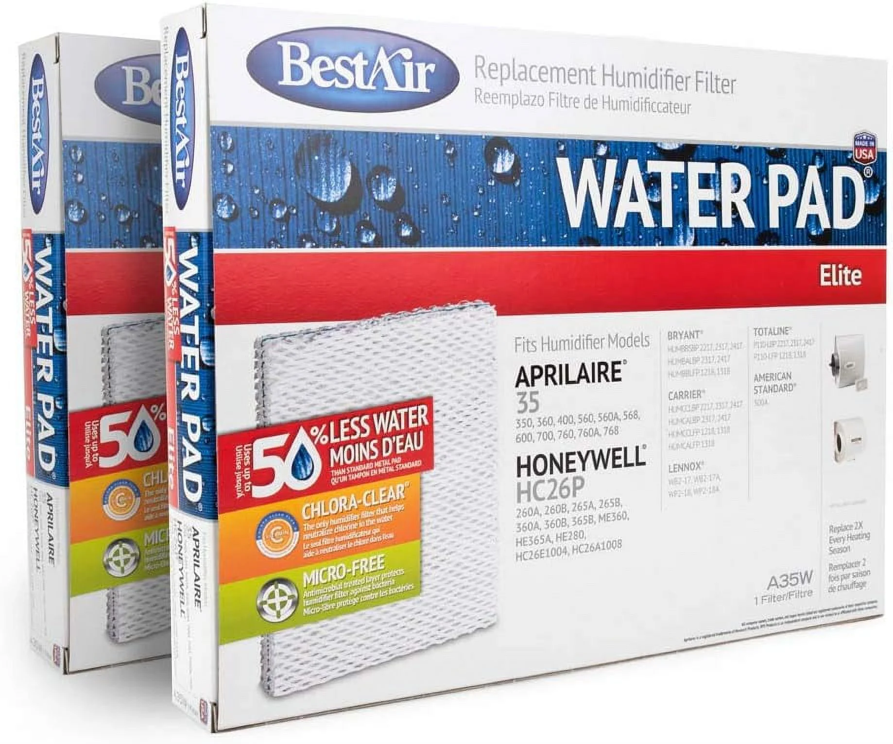 BestAir Replacement Humidifier Filter Water Pad Elite A35W Filter, 2 Pack. Fits Aprilaire 35 350, 360, 560, 560A, 568, 600, 700, 760, 760A, 768; Honeywell HC26P 260A, 260B, 265A, 265B, 360A, 360B,