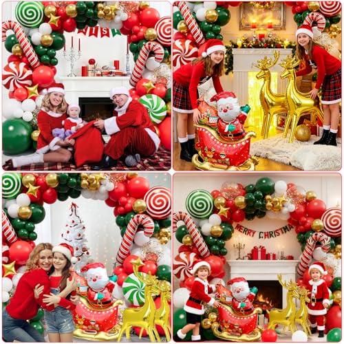 Bonropin 157pcs Christmas Balloon Arch Kit - Red White Green Gold Balloons, Candy Balloon, Cane Balloons, Sleigh Balloons, Elk Foil Balloons for Xmas Balloon Garland Kit Christmas Party Decorations