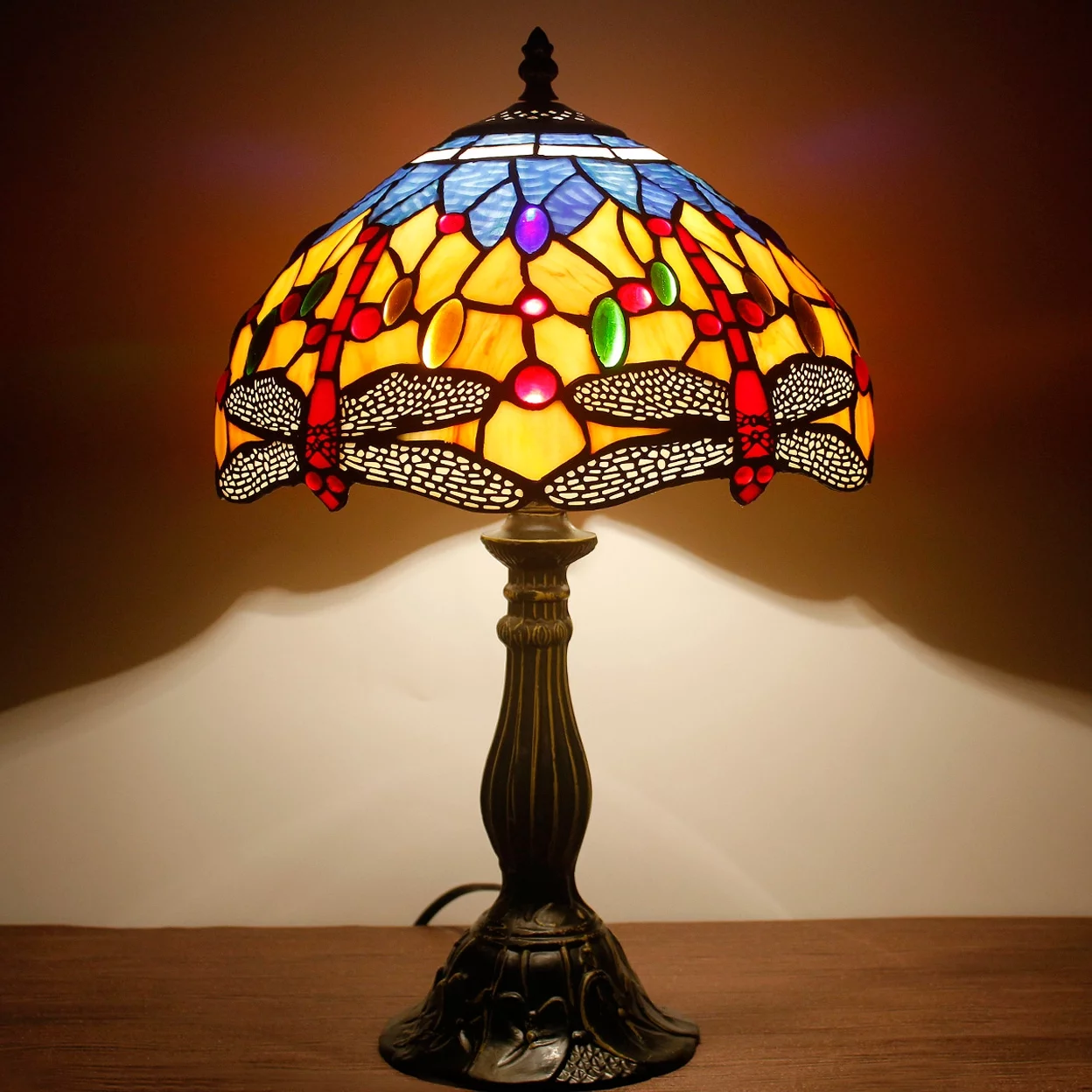 Tiffany Lamp Stained Glass Bedside Table Lamp Orange Blue Dragonfly Style Reading Desk Light 18