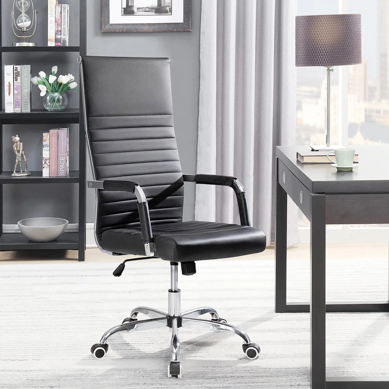 Office Desk Chair High Back Ribbed Executive Computer Chair, Adjustable Swivel Rollig Leather Ergoomic Task Chair For Coferece Room (Black)