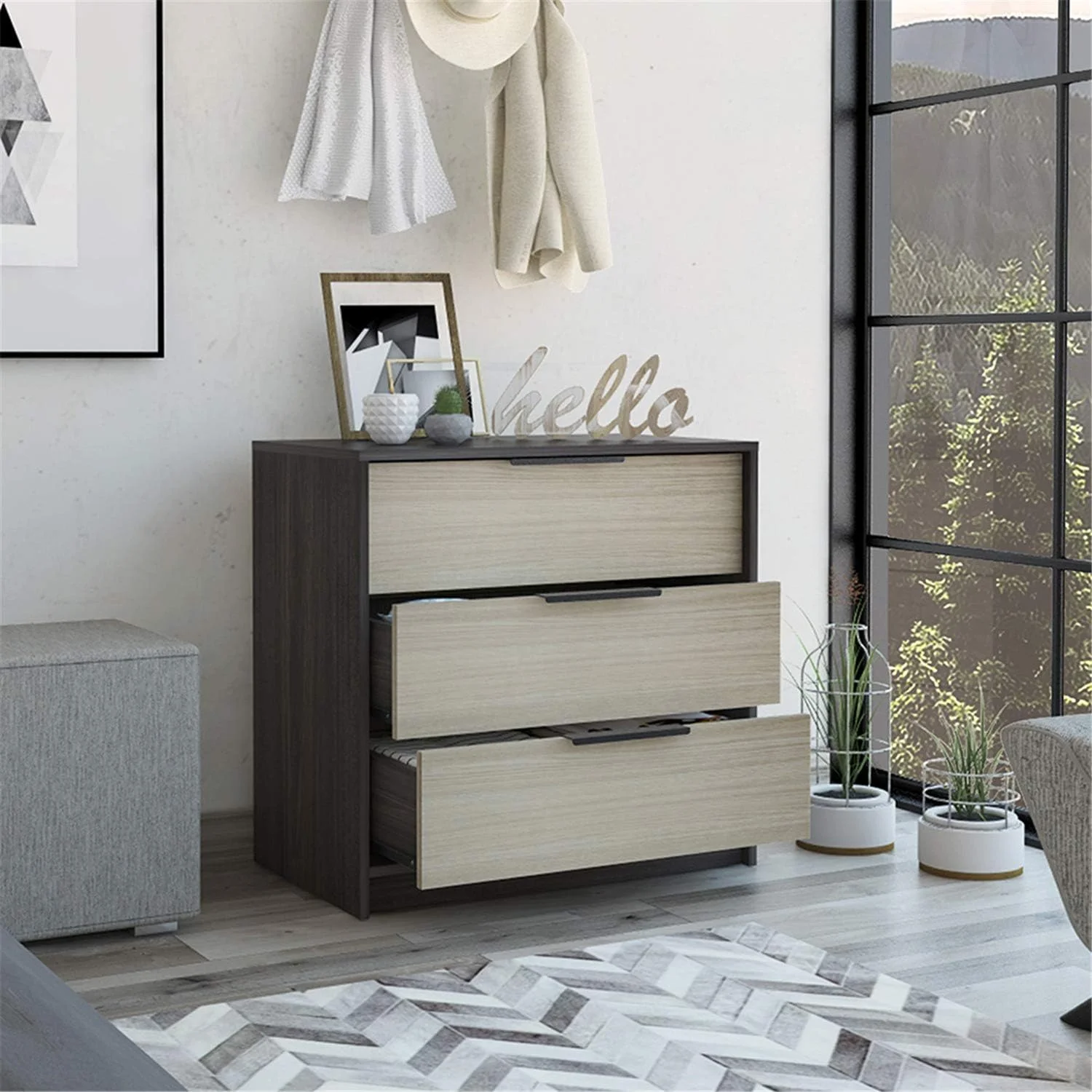 Kaia 3 Door Dresser 27.04” Height Spaces For Object Decorative And Other Objects, Nightstand, 3 Wide Drawers, Gray Dark And Light Oak