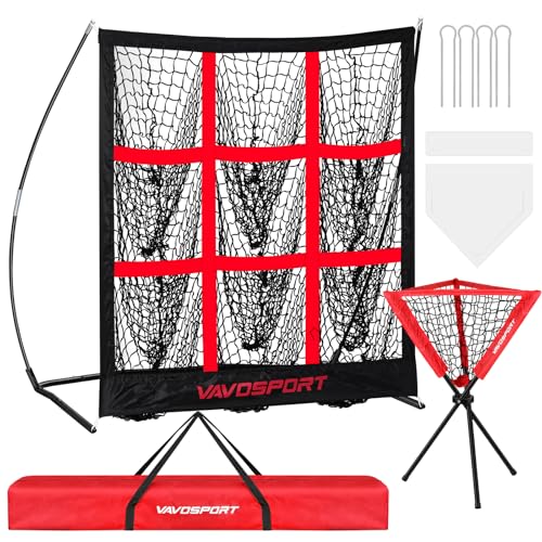9-Square Pitching Target Net Set - Softball & Baseball Net with Strike Zone, Ball Caddy, Softball Base Accessories, Adult & Youth Training Equipment