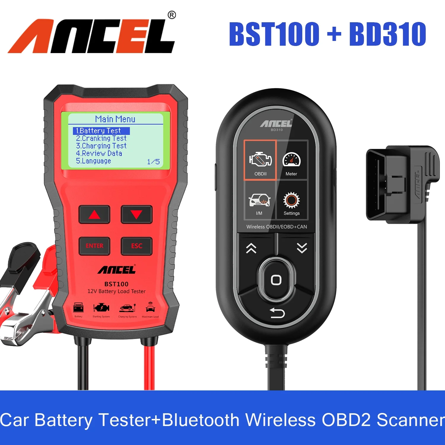 Ancel Wireless Bluetooth OBD2 Scanner + Car Battery Tester 12V 100-2000CCA Code Reader Check Engine Light Full OBD2 Function Trip Computer Car Health Monitor & Real-Time Performance Monitor