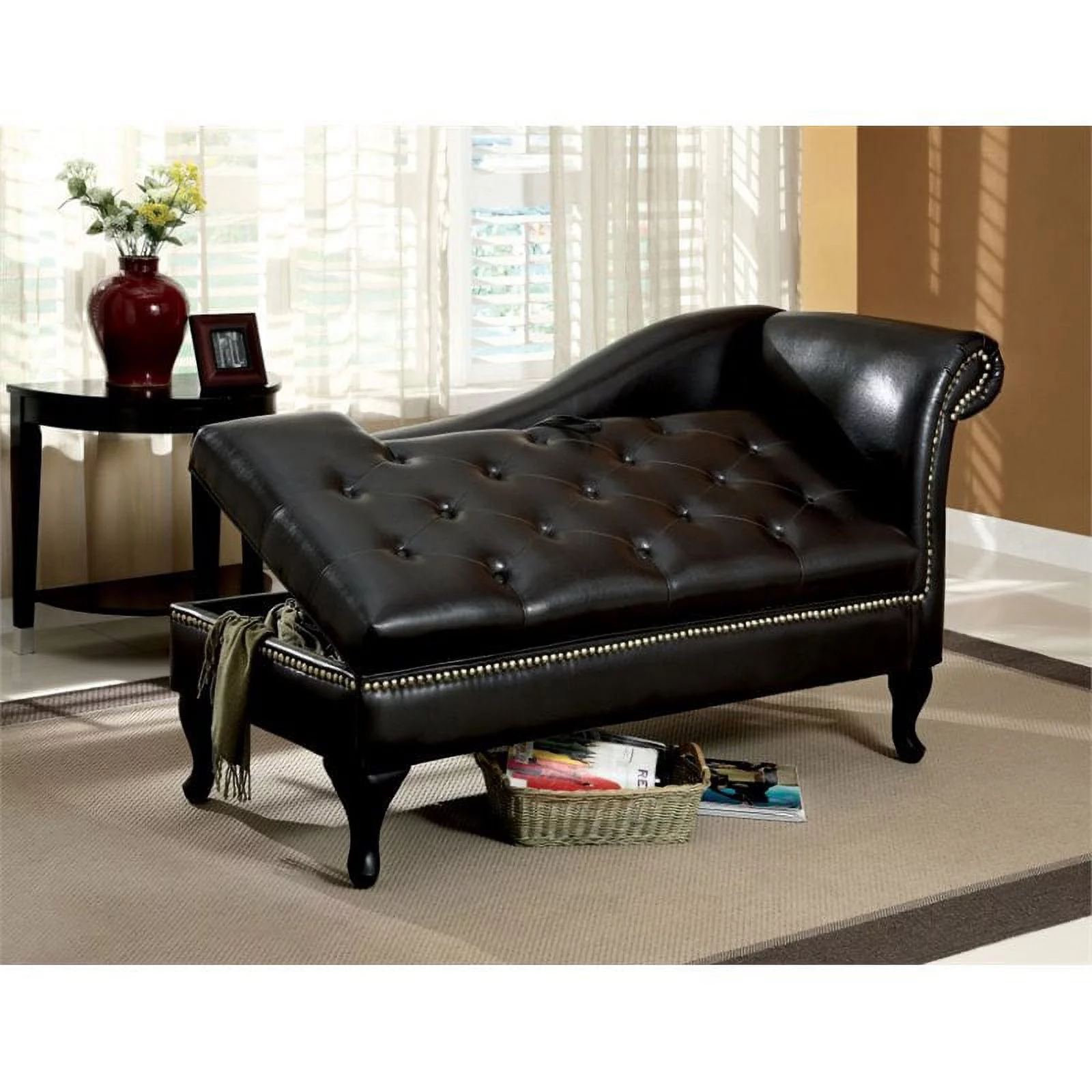 Furniture of America Demetria Faux Leather Tufted Storage Chaise Lounge in Black
