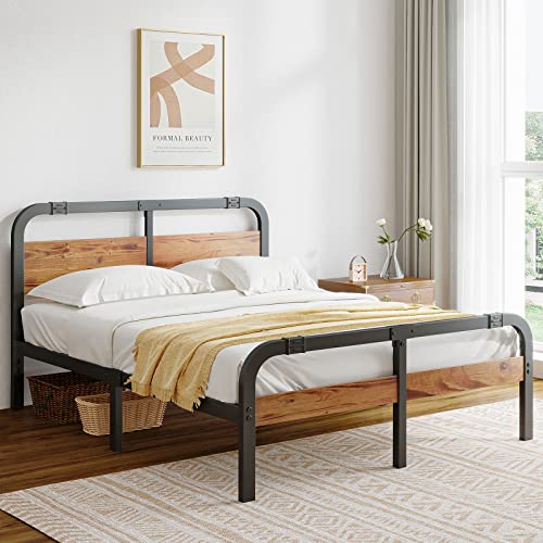 ZIYOO Full Size Metal Bed Frame with Solid Wooden Headboard, Country Style Bed Platform, 14 Inch High Heavy Duty Steel Slats Support, No Box Spring Needed, Easy Assembly