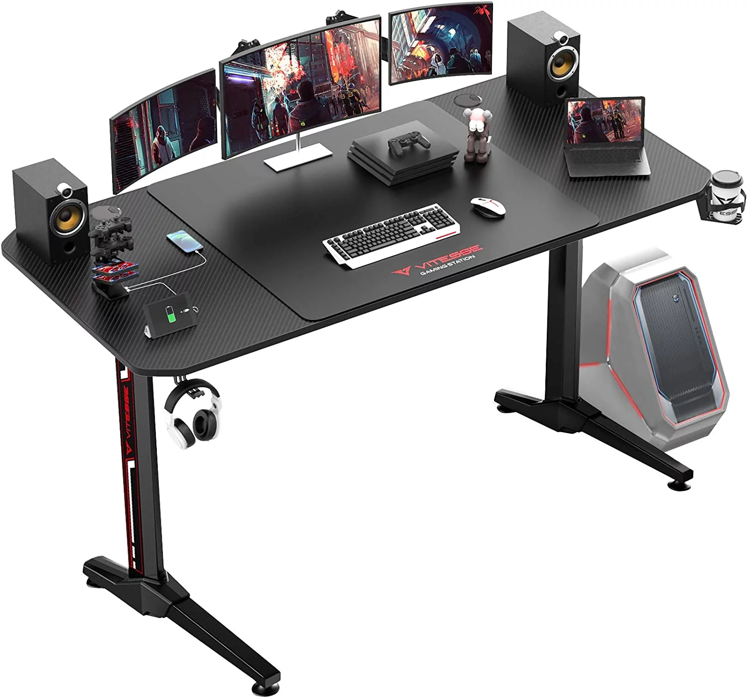 sell well VITESSE Gaming Desk 63 Inch  Ergonomic Gamer Computer Desk with Mouse Pad  PC Gaming Tables with Chargeable Gaming Handle Rack  Cup Holder Headphone Hook