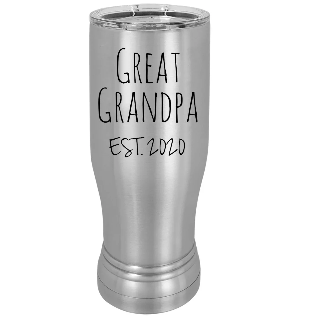 Great Grandpa Est. 2020 Established 20 oz Silver Stainless Steel Double-Walled Insulated Pilsner Beer Coffee Mug with Clear Lid