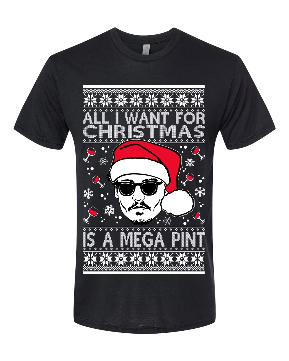 Wild Bobby, Johnny Depp All I Want For Christmas is a Mega Pint Ugly Christmas Sweater Men Premium Tri Blend Tee, True Black, Medium