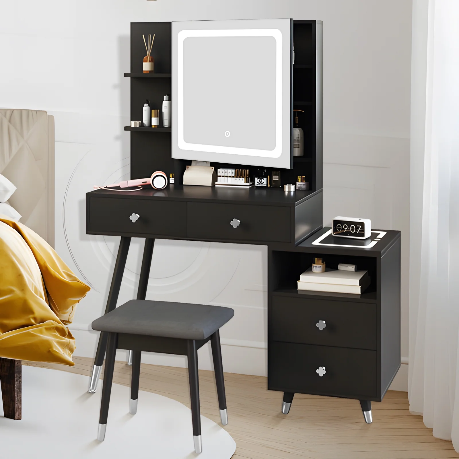 SYTHERS Dressing Table with LED Lighted Mirror, Makeup Desk Vanity Set with Charging Station, 4 Drawers, 2-Layer Shelf, Mirror Cabinet, 3 Color Lighted Mirror, Cushioned Stool, Black