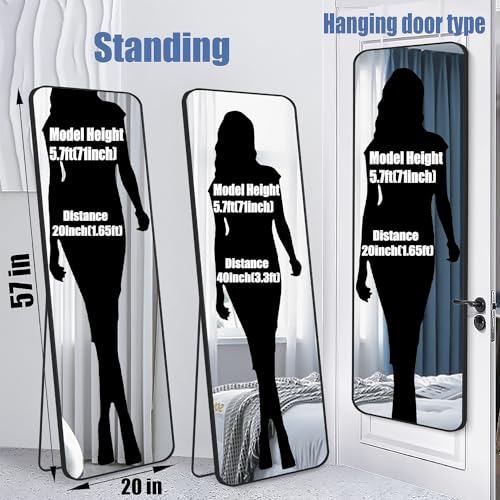 57x20 Door Hanging Full Length Mirror, Floor Stand (Height 5.7ft just Body in1.3ft) Wall Mounted Metal Frame Rectangle Dressing Mirrors for Bedroom Room 57 inch Black