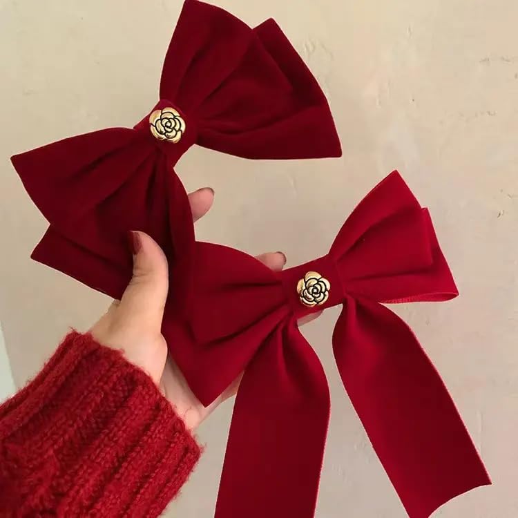 Large Velvet Hair Bow Clip with Metal Rose Accent, Pack of 2, Red