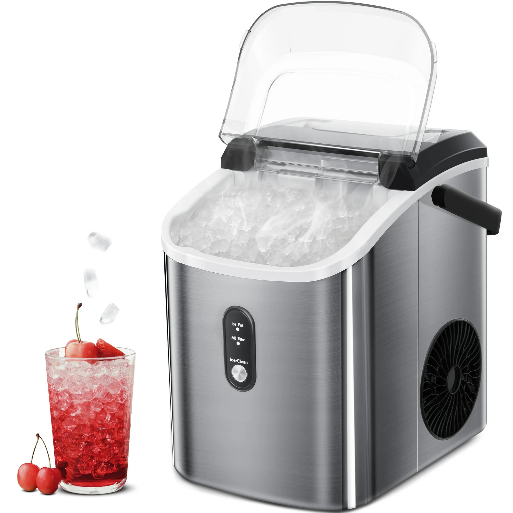 Auseo Nugget Ice Maker Countertop with Soft Chewable Pellet Ice, 33lbs/24H, Self-Cleaning Function, Stainless Steel, for Party/Kitchen/Office-Silver
