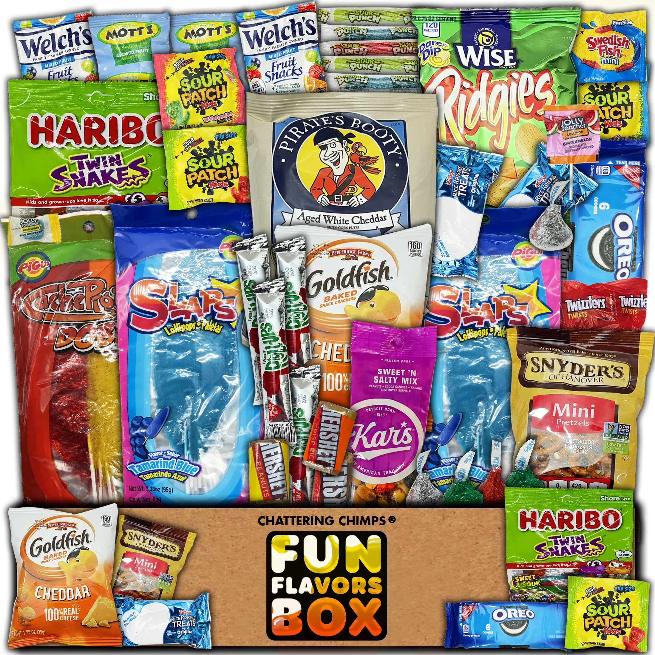 Fun Flavors Box Favorite Sweet and Salty Snack Care Package - 40 Snacks Variety Pack of Candy, Chips, Gummies, Retro Gift Box