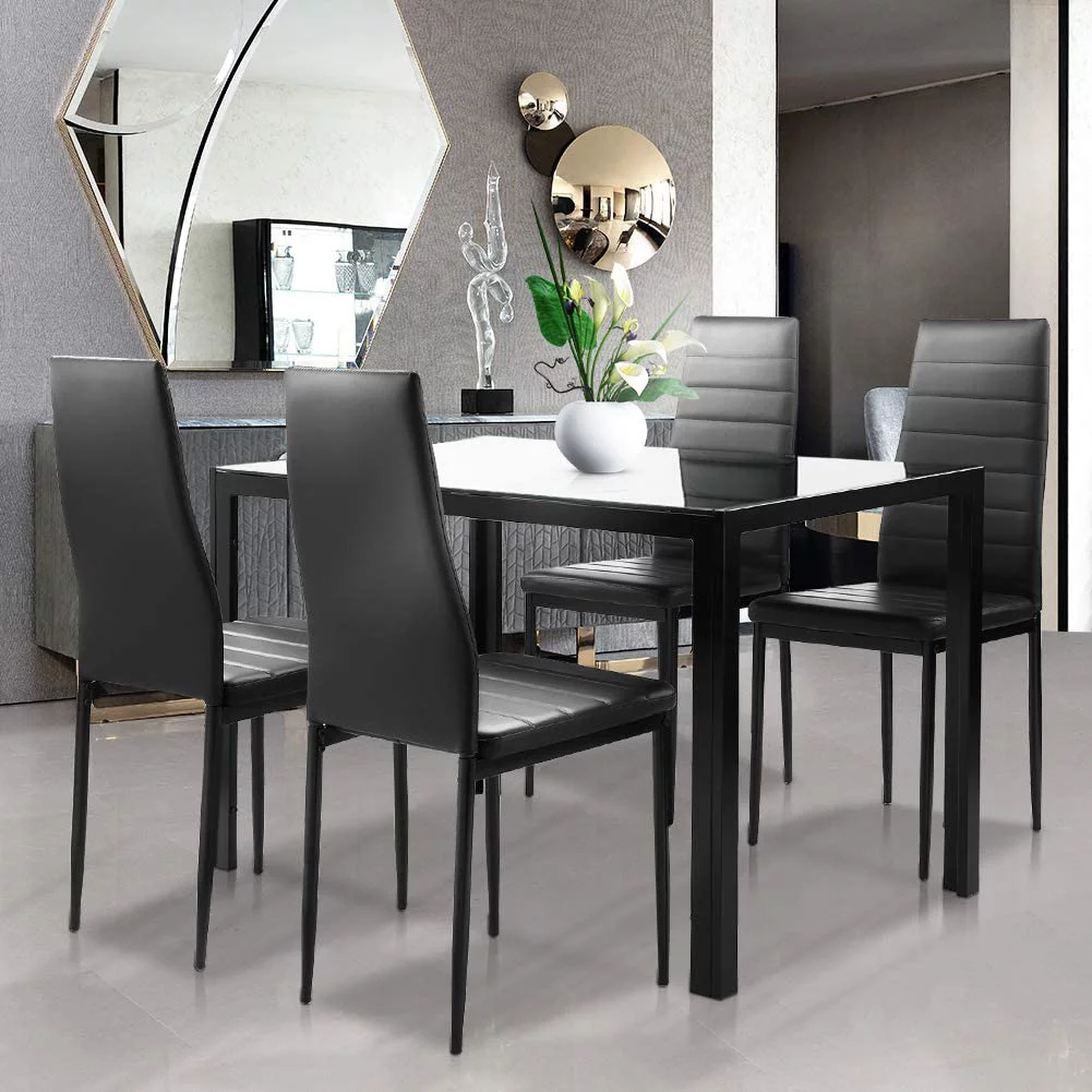 Recaceik Glass Dining Table and 4 PU Leather Chair, Suit 4-6 families, Kitchen Table 29.5