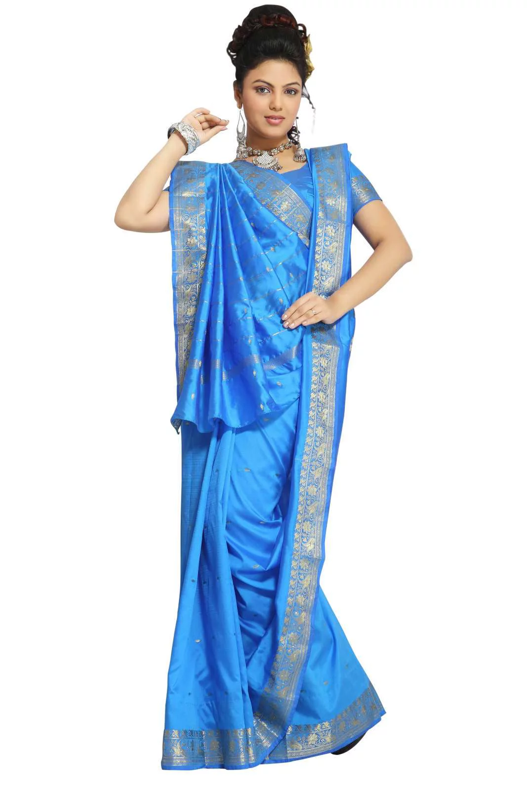Island Blue Art Silk Saree Sari fabric India Golden Border