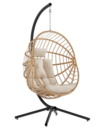 SWITTE Hanging Egg Chair with Stand, Outdoor & Indoor Wicker Egg Swing Chair with Cushion, 400LBS Capacity for Patio, Bedroom & Garden - Dark Grey