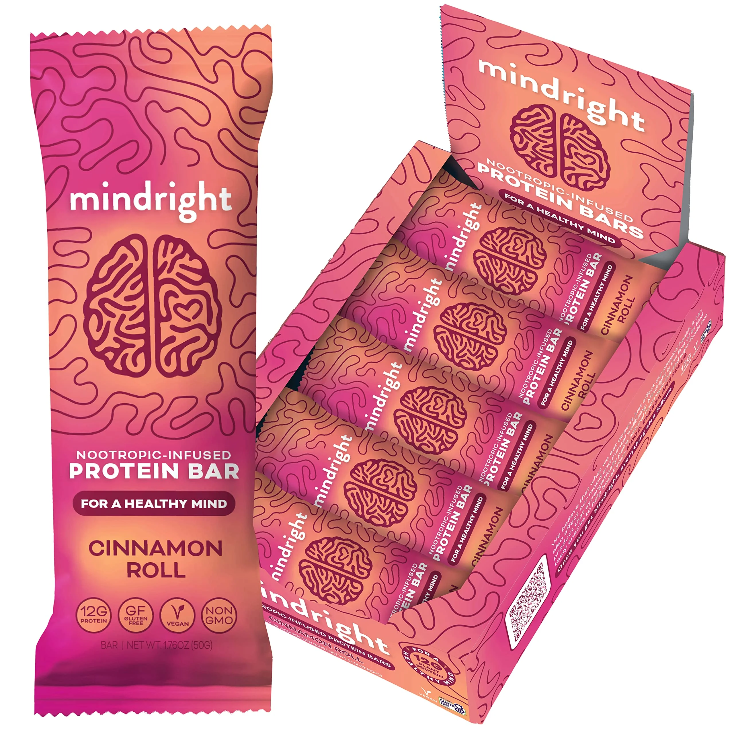 MINDRIGHT Superfood Vegan Protein Bars | Gluten Free Non-Gmo Low Sugar | All Natural Brain Food Healthy Snack To Help Enhance Mood, Energy & Focus (Cinnamon Roll,12 Pack)