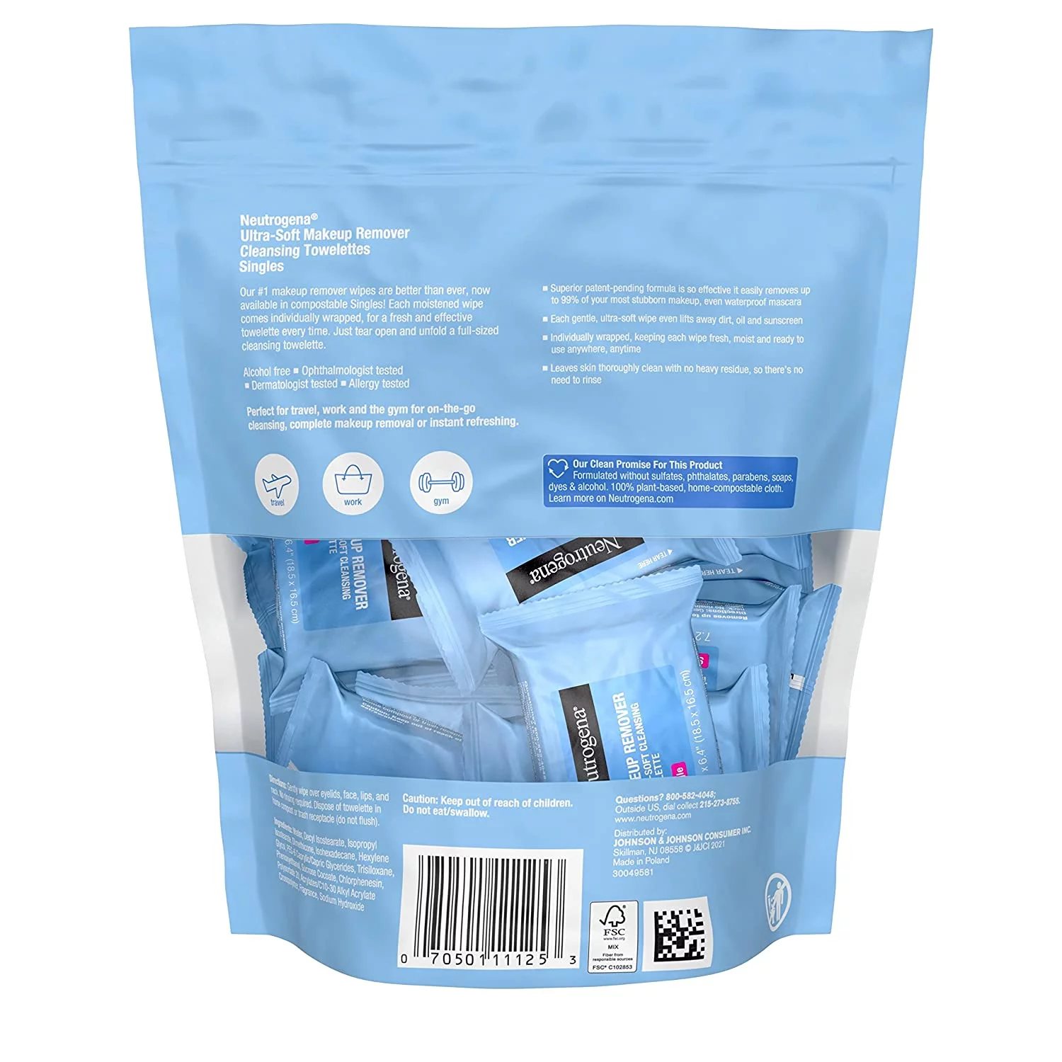 Neutrogena Fragrance-Free Makeup Remover Cleansing Towelette Singles, Individually-Wrapped Daily Face Wipes 20 ct (Pack of 3)