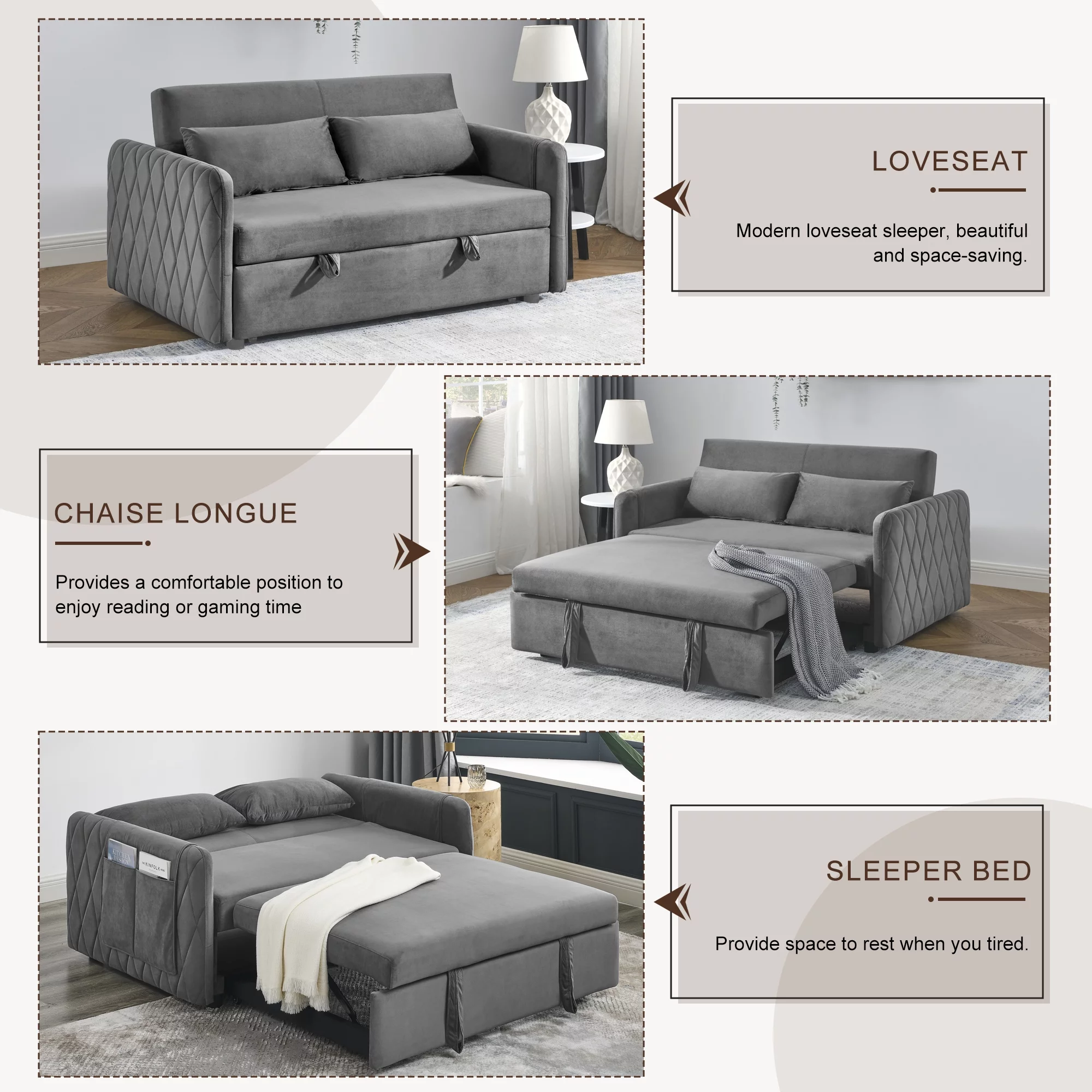 KINFFICT Futon Sofa Bed, Modern 2-Seat Loveseat Sleeper, Pull Out Sofa Bed for Living Room, Gray