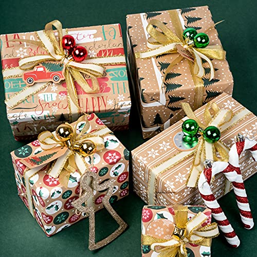 RUSPEPA Christmas Kraft Wrapping Paper - Owl, Reindeer, Christmas Ball and Text Design - 4 Rolls - 30 inches x 10 feet per Roll
