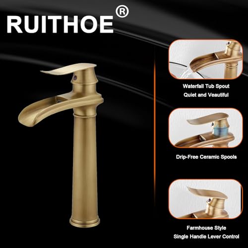 Bathroom Vessel Sink Faucet, Waterfall Oil Rubbed Bronze Bathroom Faucet, Vessel Faucet, Tall Body 1 Hole Single Handle with Pop Up Drain Combo Vanity Mixer Tap Basin Bowl Sink