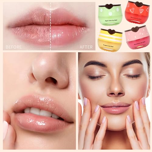 4 PCS Bee Lip Balm Lip Mask Honey Pot, Honey & Strawberry & Watermelon & Apple Lime Lip Sleeping Mask Propolis Moisturizing Lip Balm with Stick, Hydrating Prevention Dry & Cracked