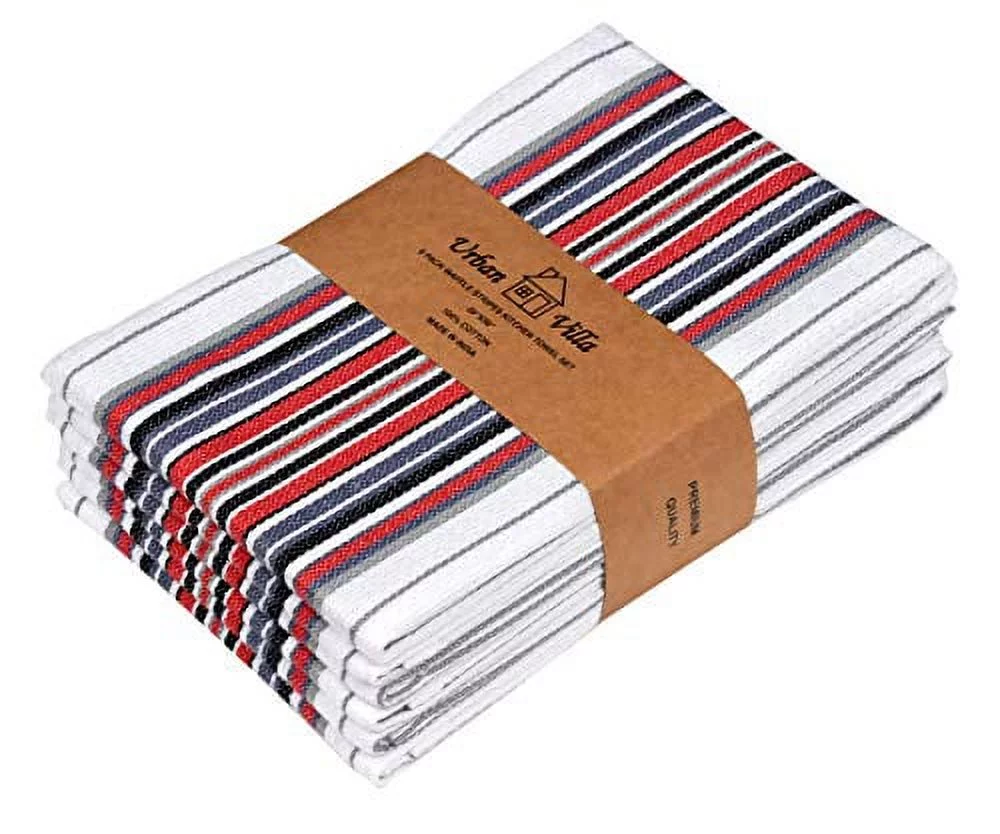 Urban Villa Kitchen Towels 100% Cotton Dish Towels Mitered Corners Ultra Soft (Size: 20X30 inch) White Waffle Stripes Highly Absorbent Bar Towels & Tea Towels - (Set of 6)