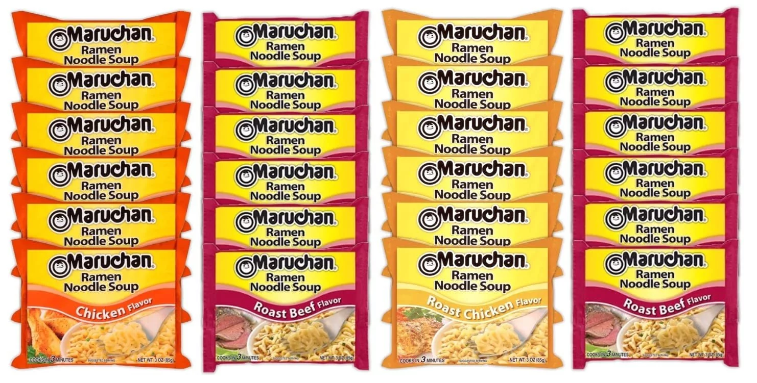 Maruchan Ramen Instant Noodle Soup Variety Mix 24 Packs, 4 Flavors - 6 Pack Beef, 6 Pack Roast Chicken , 6 Pack Roast Beef, 6 Pack Chicken Lunch / Dinner Variety