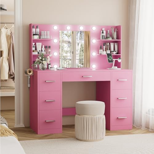 YESHOMY Vanity Desk with Mirror, Power Outlet and 10 Lights, Makeup Table with 7 Drawers, 3 Color Modes Available for Bedroom, Pure White
