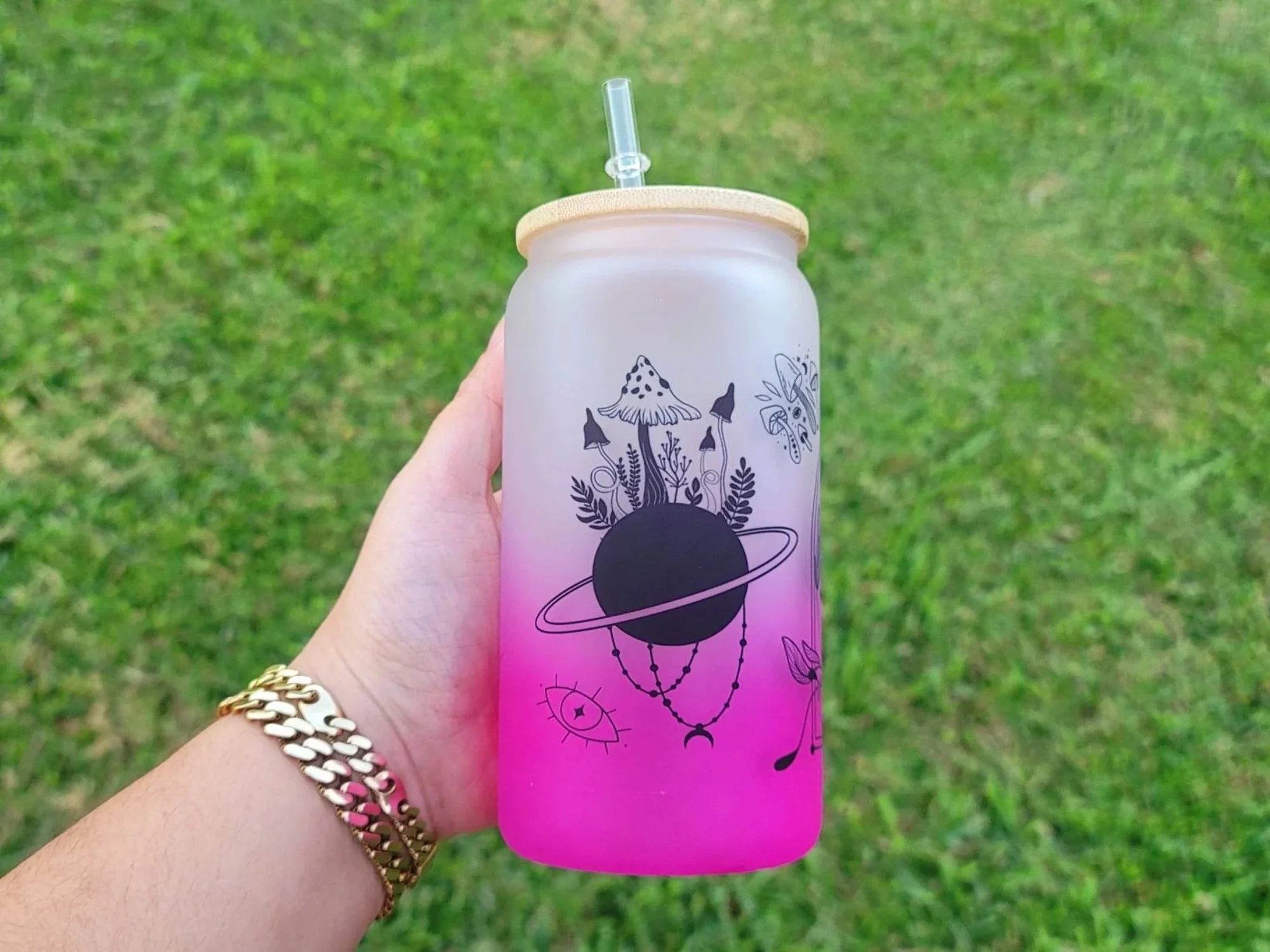 Mushroom Beer Can Glass | Boho Mushroom Coffee Glass | Aesthetic Coffee Glass | 16 oz