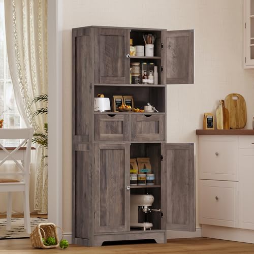 Iwell 72” Kitchen Pantry Cabinet, Tall Storage Cabinet with 6 Hanging Shelves and Adjustable Shelves, Freestanding Cupboard with 4 Doors and 1 Drawer for Kitchen, Dining Room,Living Room, Black