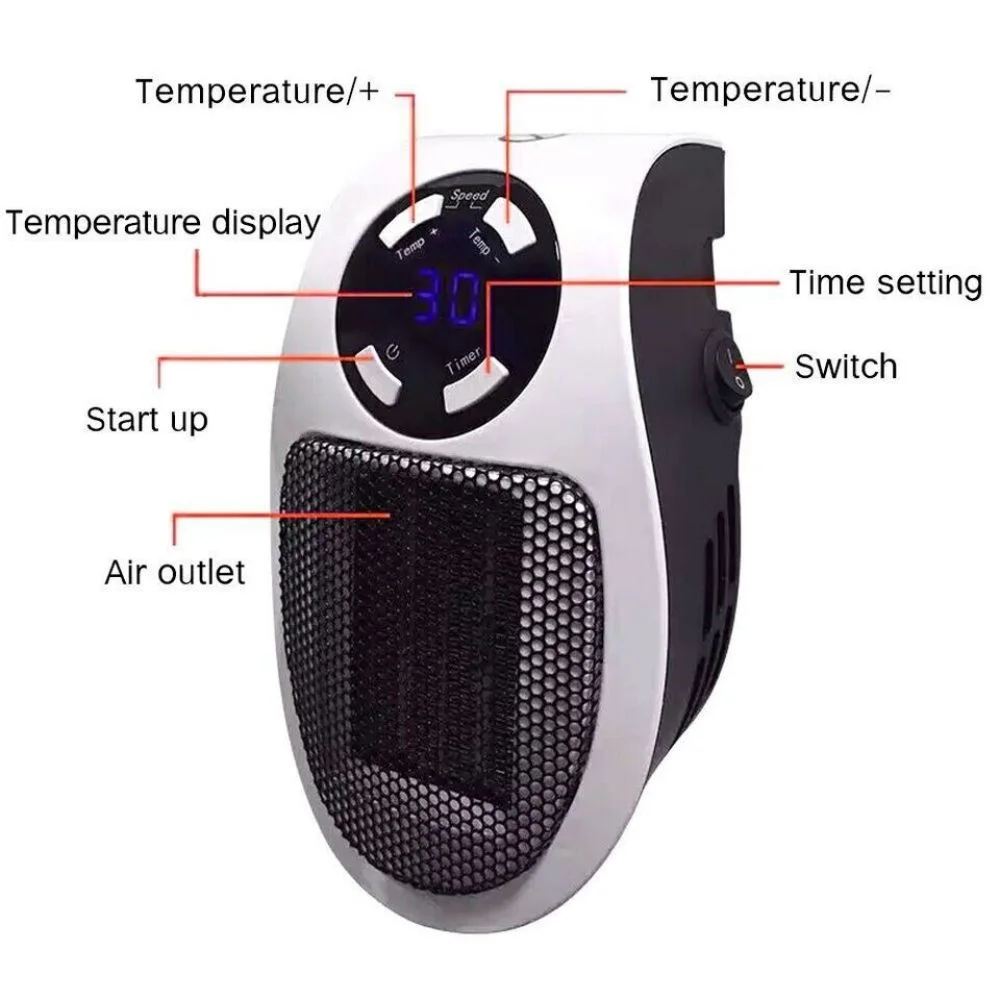 Wall Space Heater 500W Portable Electric Small Heater With Adjustable Thermostat and Programmable Timer Overheat Protection LED Display Safe Heater for Office Dorm Dog Room(3*6.5*4.3 inches)