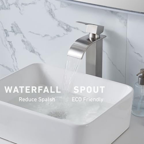 Bathroom Sink Faucet Brushed Nickel Tall Waterfall Single Handle 1 Hole Bathroom Vessel Sink Faucet Stainless Steel Bowl Mixer Tap Wash Basin Lavatory Vanity Faucet with Pop-up Drain