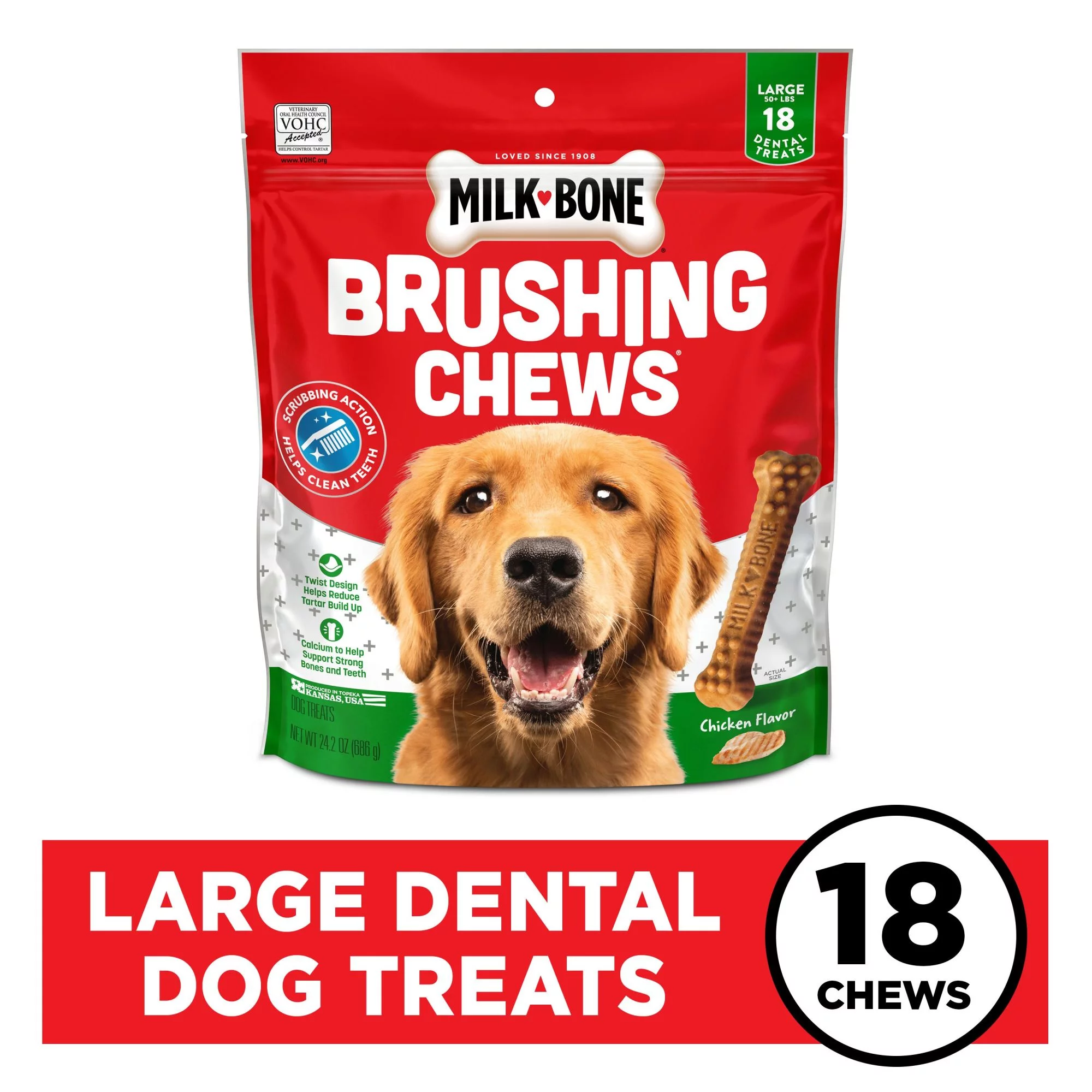 Milk-Bone Brushing Chews Daily Dental Dog Treats, Large, 24.2 oz. Bag, 18 Bones per Bag