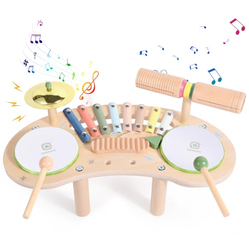 Asweets 7 in 1 Kids Drum Set for Toddlers Wooden Xylophone Musical Instruments Kit Play Set for Toddler Baby Drum Set Montessori Toys Sensory Toys Birthday Gifts for Girls Boys (Moon)