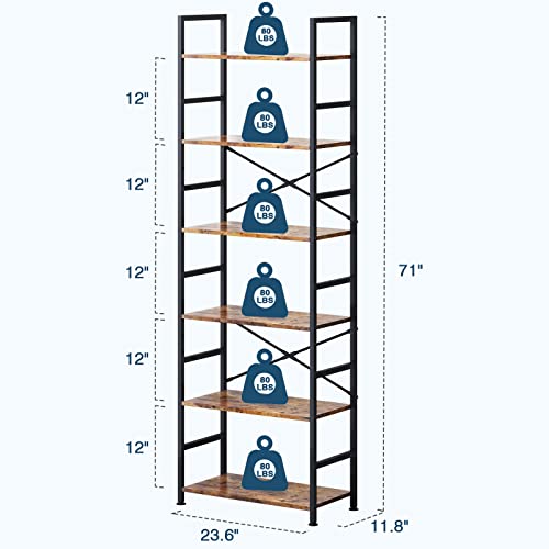 6-Tier Adjustable Tall Bookcase, Rustic Wood and Metal Standing Bookshelf, Industrial Vintage Book Shelf Unit, Open Back Modern Office Bookcases