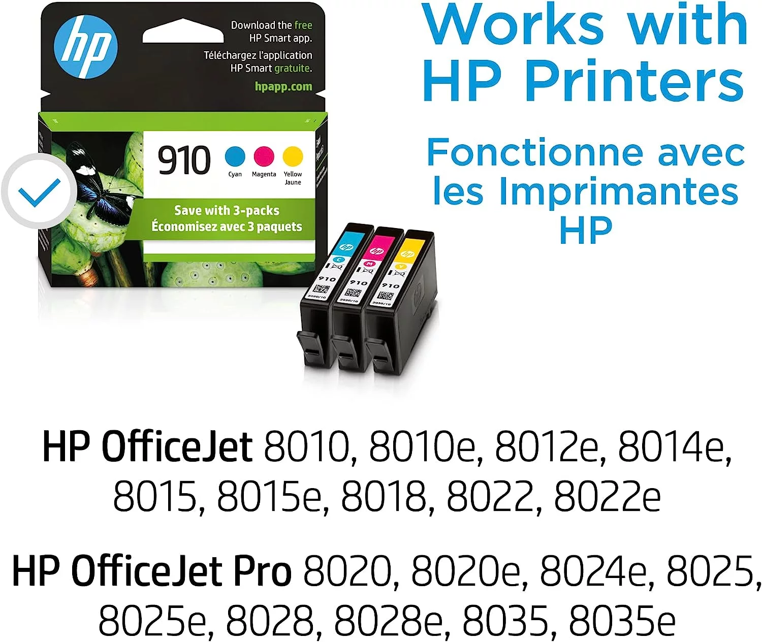 HP 910 Cyan, Magenta, Yellow Ink Cartridges (3-pack) | Works with HP OfficeJet 8010, 8020 Series, HP OfficeJet Pro 8020, 8030 Series | Eligible for Instant Ink | 3YN97AN