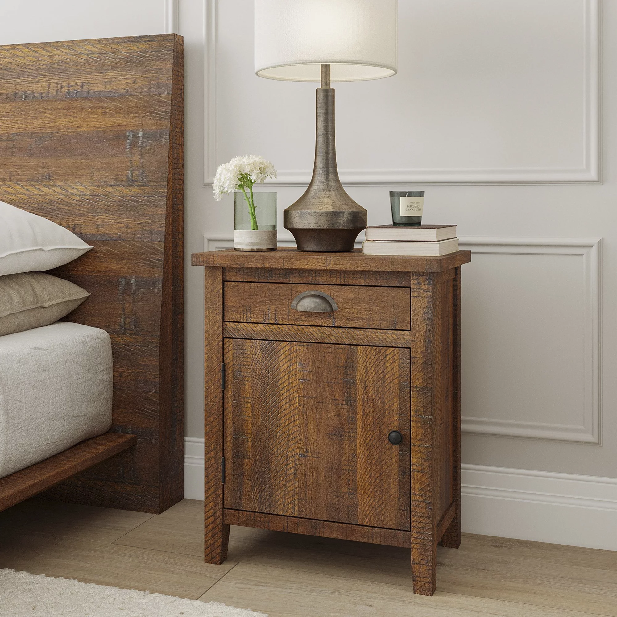 Rough Sawn Natural Wood Drawer Nightstand