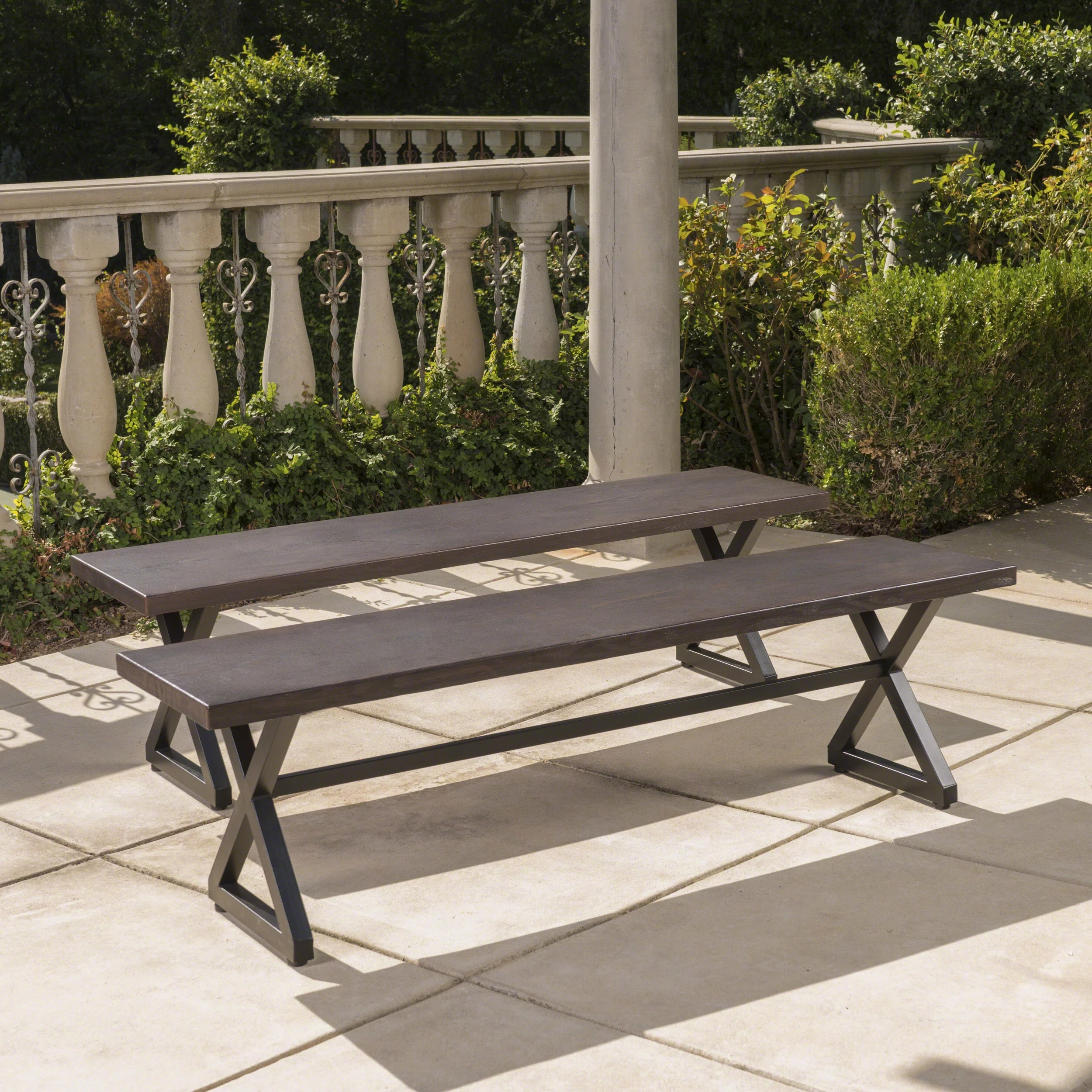 Outdoor Aluminum Dining Bench with Steel Frame, Black, Brown