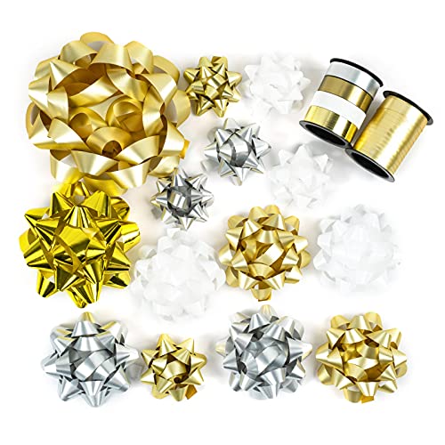 WRAPAHOLIC 40 Pcs Gift Bows Assortment - 28 Assorted Size Gift Bows(Gold&Silver&White), 1 Pull Bow, 2 Tinsel Bows, 2 Fountain Bows, 2 Curly Bows, 4 Curling Ribbons, 1 Cotton Twine