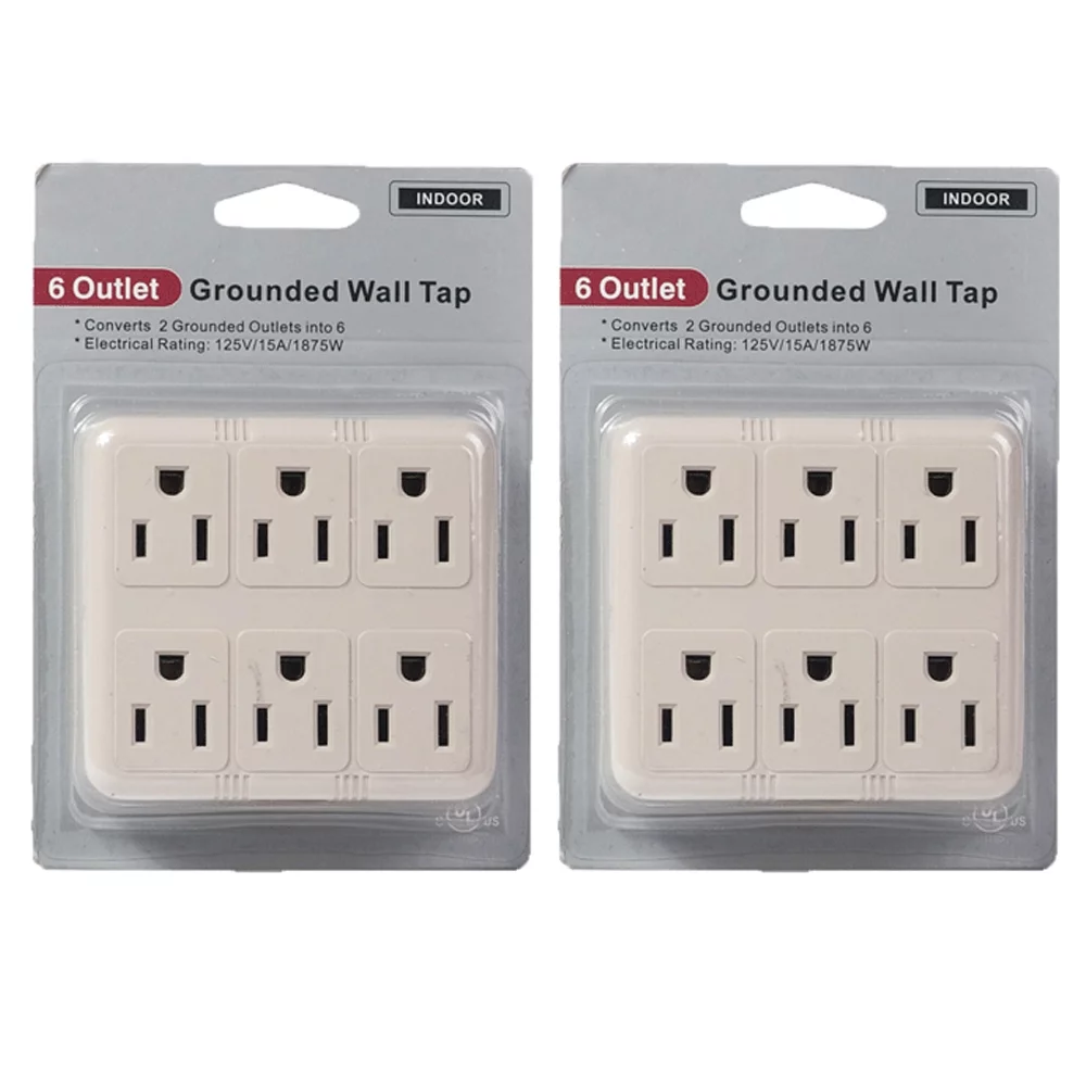 2Pc Grounded Wall Outlet Tap AC 125V Power Adapter Electrical 6 Way Plug Charger