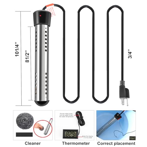 Immersion Water Heater 2Pack, Portable Electric 304 Stainless Heaters with Guard Cover - LCD Thermometer for Above Ground Inflatable Pool Tub Buckets Motorhome Camping Outdoor