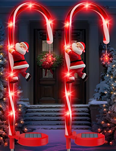 Solar Christmas Decorations Candy Cane Lights, Solar Xmas Pathway Markers Lights, Outdoor Decor Stake with Snowflowers & Santa, Constant & Flash Modes 8 LED Lights for Garden Patio Yard Lawn, 2 Pieces