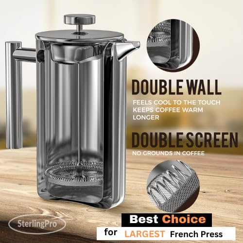 French Press Coffee Maker (1.75L)-Double Walled Large Coffee Press with 2 Extra Filters-Enjoy Granule-Free Coffee, Stylish Rust Free Kitchen Accessory-Stainless Steel (Mirror)