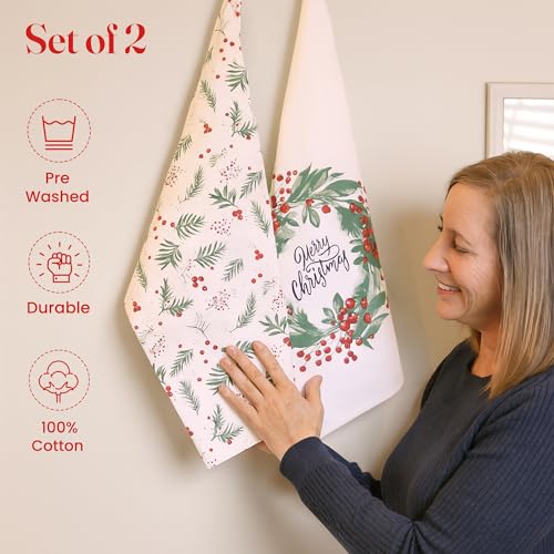 The Fine Living Co. 100% Cotton Merry Christmas Kitchen Towels, 18'x28' Set of 2 (Cherry Red & Green)