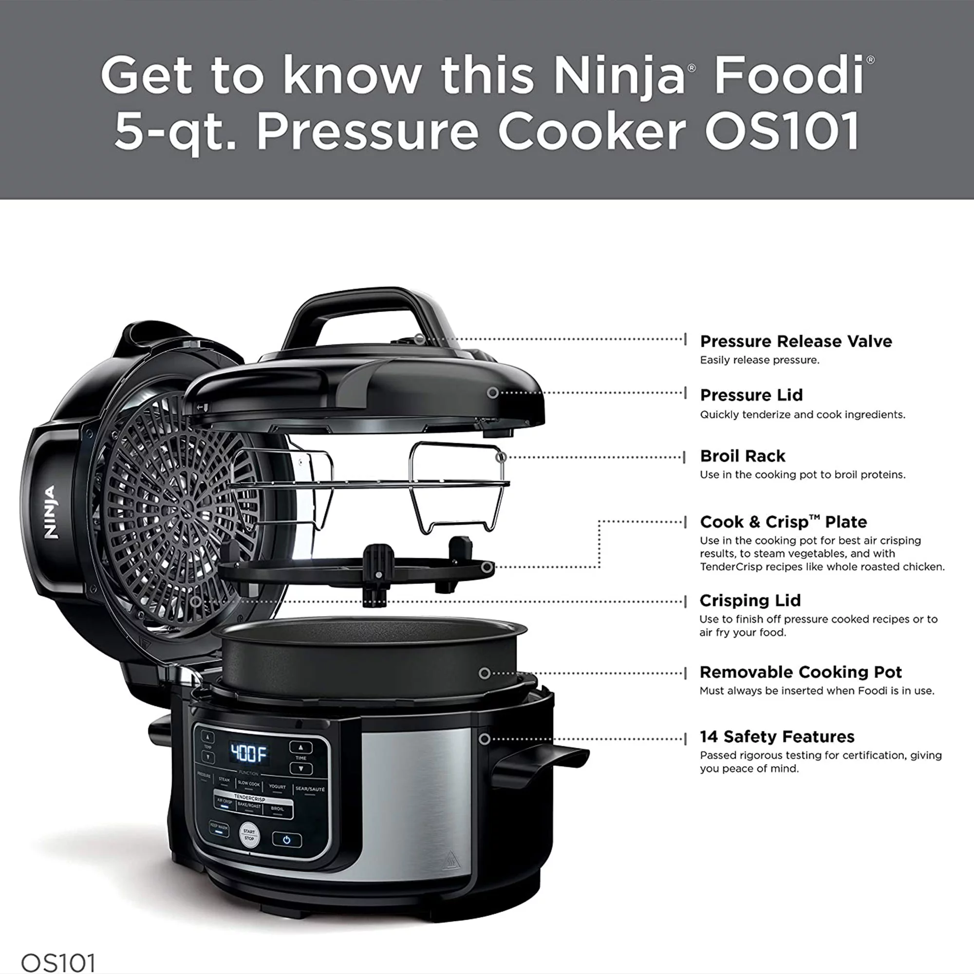 Ninja Foodi 9 in 1 Pressure Cooker and Air Fryer with Nesting Rack, Silver